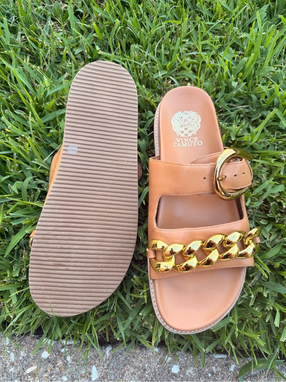 Vince Camuto Tan Leather Slide Sandals with Gold Chain - Picture 3 of 5